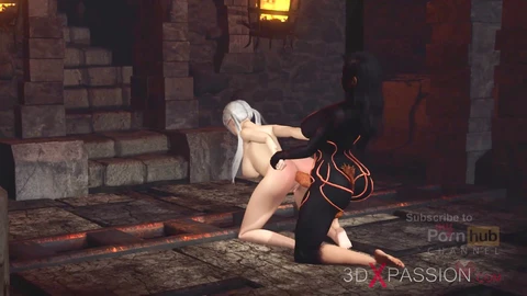 La futa più sexy con un enorme membro maschile si diverte con una ragazza nerd attraente nel dungeon.