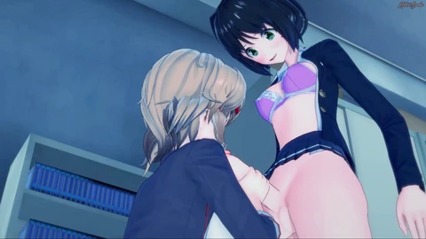Futanari Miku domina Hibiki su un tavolo, raggiunge l'apice nella sua vagina. Erotismo del manga futanari.