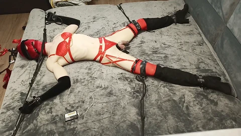 Sensual selfbondage in velvet with added electric shocks and breathplay