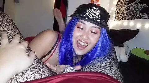 Blue-haired chick with a dick does a blowjob