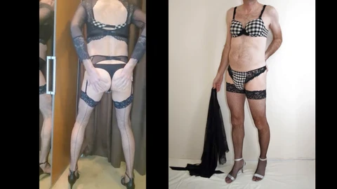 Travesti en lingerie Marie Jo Ely se masturbe et éjacule dessus