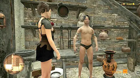 Sexo anal en la calle pública con una transexual tetona en el juego en 3D con temática grecolatina "Esclavos de Roma" Ep.2