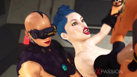 Hot girl with huge fun bags in handcuffs gets nailed hard by a cyber dickgirl in prison