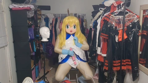 Lillie from Pokemon in PVC Kigurumi costume gagged and enjoying breathplay and vibrator
