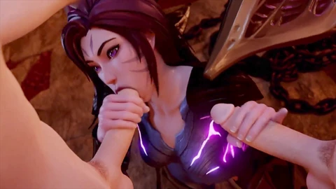 KDA Kaisa drops to her knees to satisfy two throbbing rods