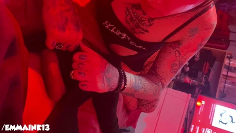 Hot tattooed shemale, sissy blowjob